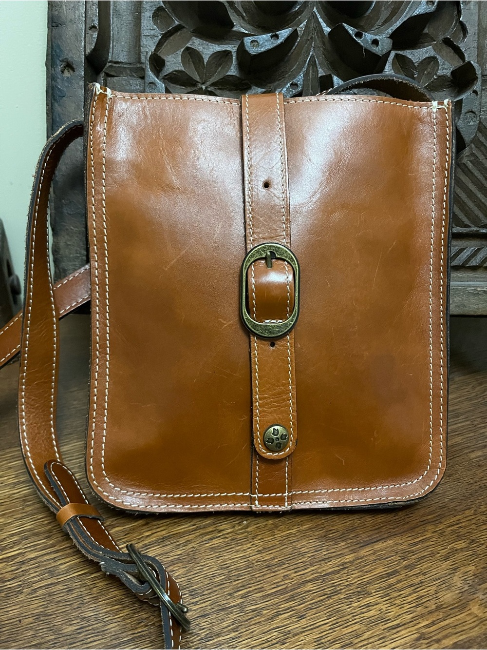 Patricia Nash Venezia Pouch Cognac Leather Crossbody with Brass Buckle